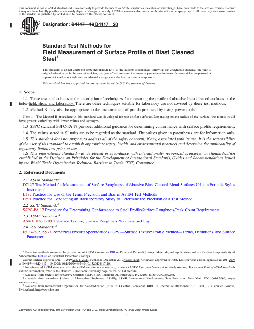 REDLINE ASTM D4417-20 - Standard Test Methods for Field Measurement of Surface Profile of Blast Cleaned Steel