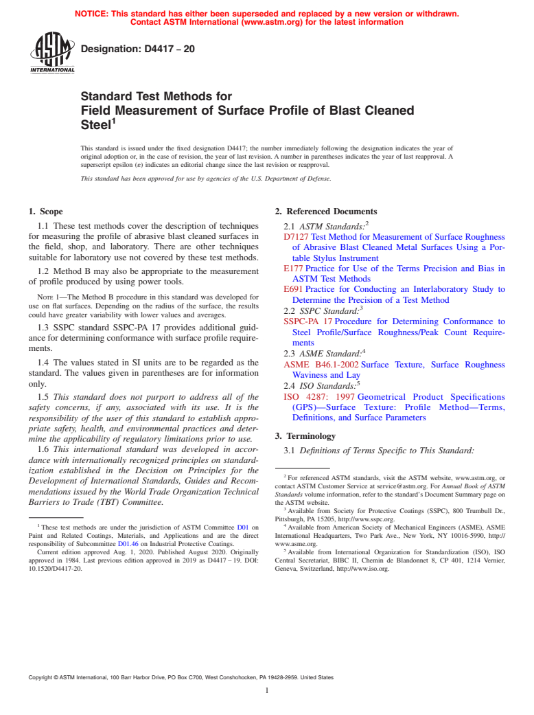 ASTM D4417-20 - Standard Test Methods for Field Measurement of Surface Profile of Blast Cleaned Steel