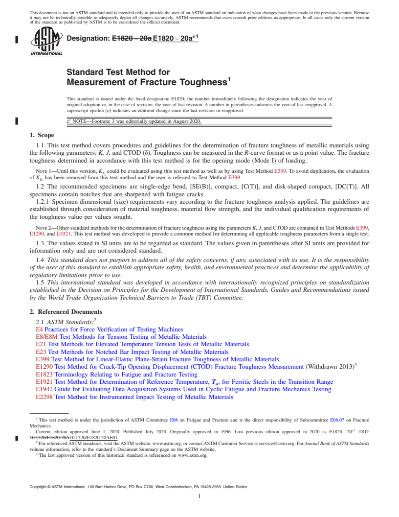 REDLINE ASTM E1820-20ae1 - Standard Test Method for  Measurement of Fracture Toughness