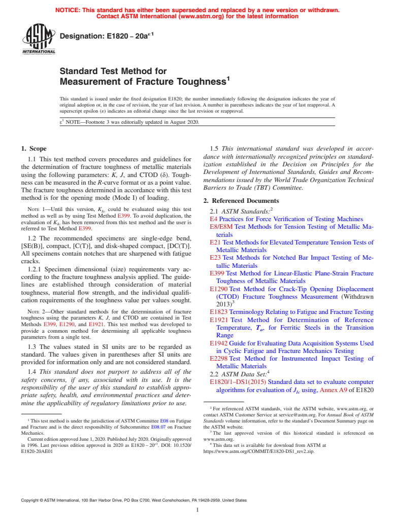 ASTM E1820-20ae1 - Standard Test Method for  Measurement of Fracture Toughness