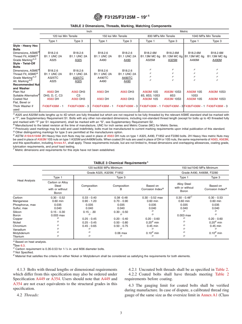ASTM F3125/F3125M-19e1 - Standard Specification for High Strength Structural Bolts and Assemblies, Steel and Alloy  Steel, Heat Treated, Inch Dimensions 120 ksi and 150 ksi Minimum Tensile  Strength, and Metric Dimensions 830 MPa and 1040 MPa Minimum Tensile  Strength