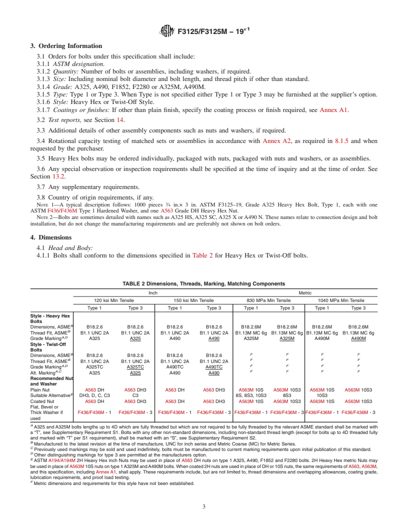 REDLINE ASTM F3125/F3125M-19e1 - Standard Specification for High Strength Structural Bolts and Assemblies, Steel and Alloy  Steel, Heat Treated, Inch Dimensions 120 ksi and 150 ksi Minimum Tensile  Strength, and Metric Dimensions 830 MPa and 1040 MPa Minimum Tensile  Strength