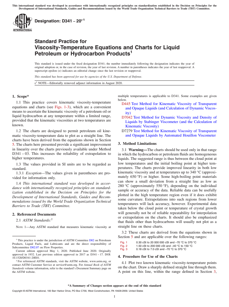 ASTM D341-20e1 - Standard Practice for Viscosity-Temperature Equations and Charts for Liquid Petroleum  or Hydrocarbon Products