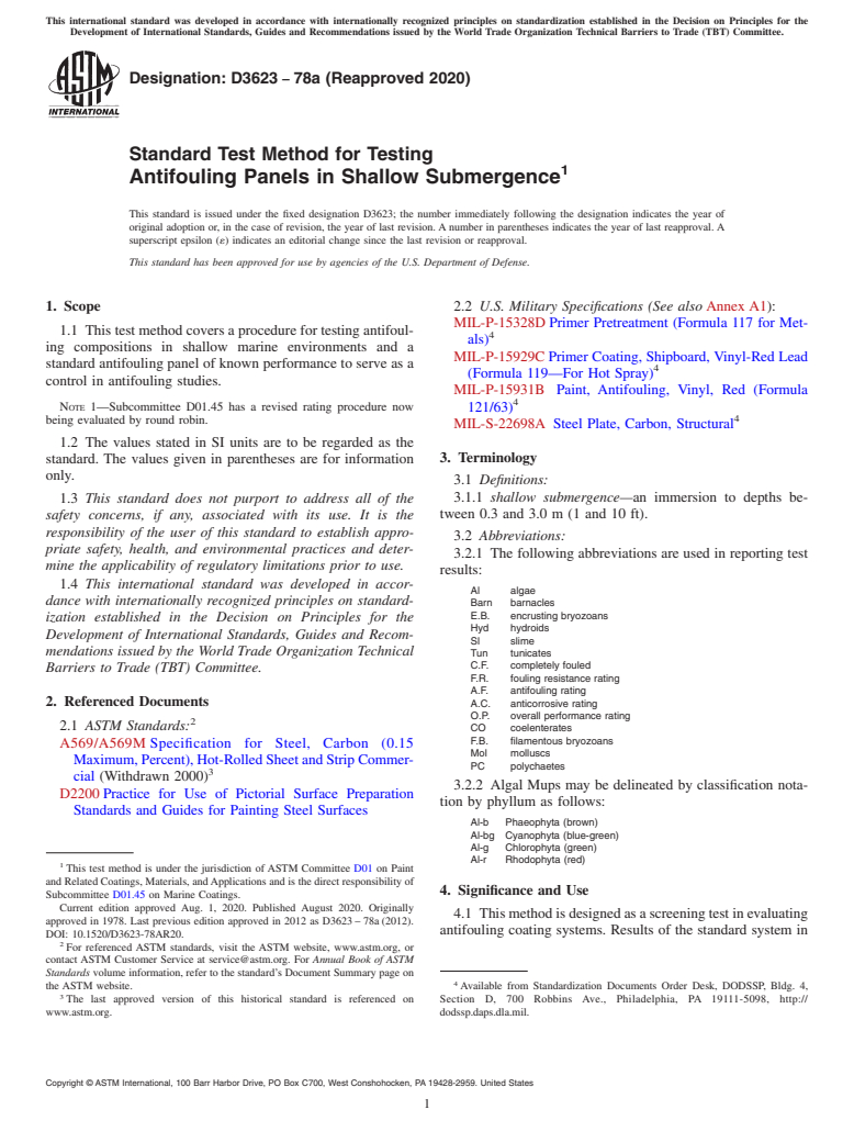 ASTM D3623-78a(2020) - Standard Test Method for Testing Antifouling Panels in Shallow Submergence