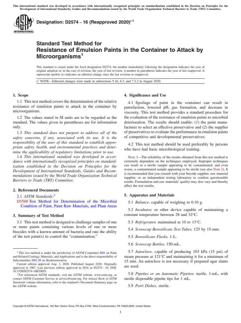 ASTM D2574-16(2020)e1 - Standard Test Method for  Resistance of Emulsion Paints in the Container to Attack by  Microorganisms