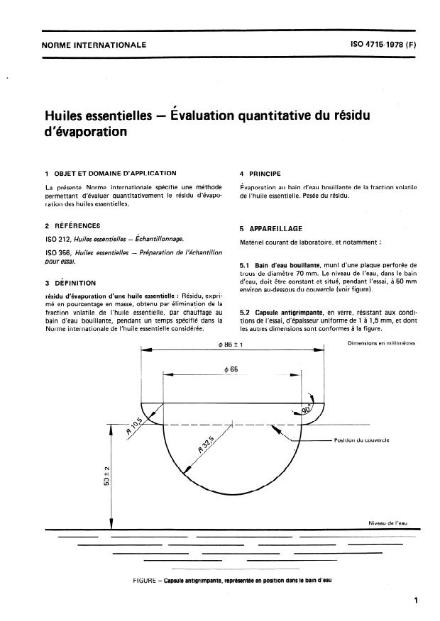 ISO 4715:1978 - Huiles essentielles -- Évaluation quantitative du résidu d'évaporation