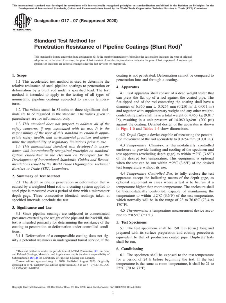 ASTM G17-07(2020) - Standard Test Method for Penetration Resistance of Pipeline Coatings (Blunt Rod)