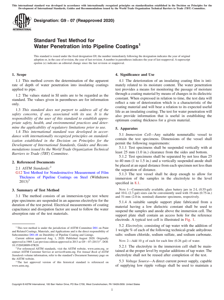 ASTM G9-07(2020) - Standard Test Method for Water Penetration into Pipeline Coatings