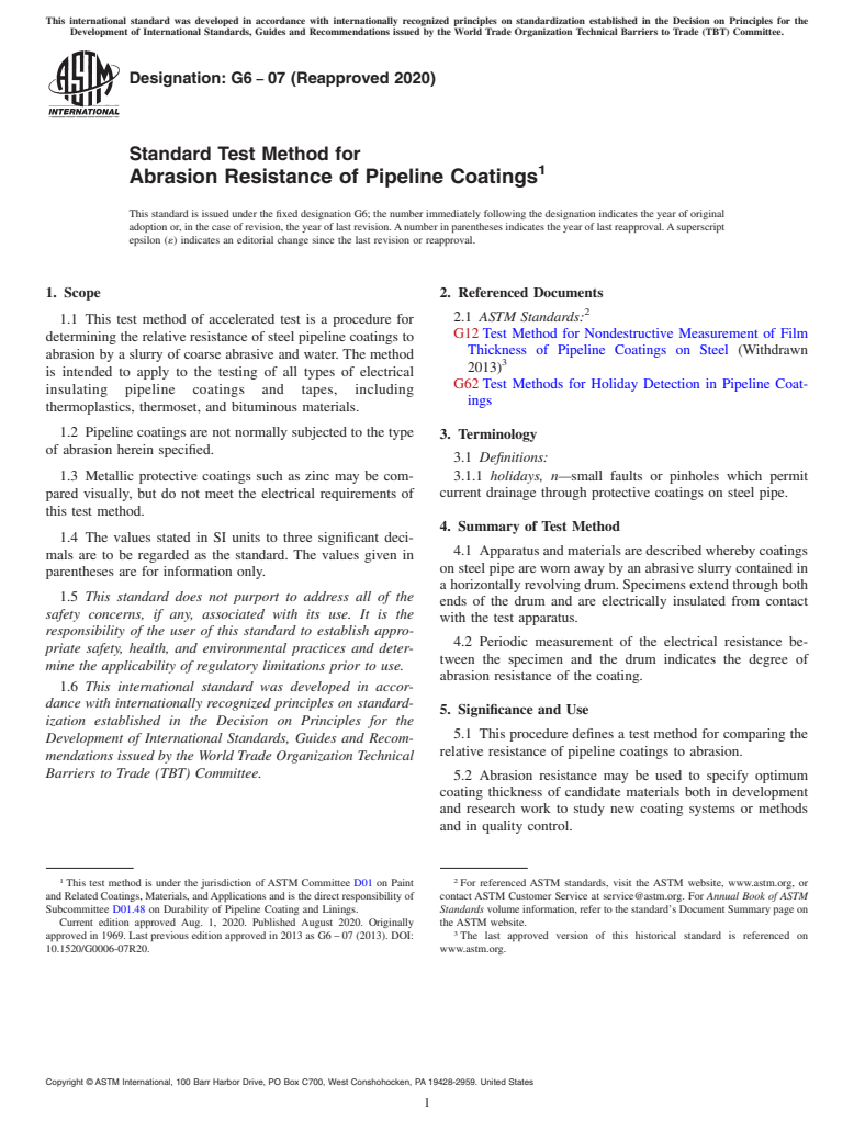 ASTM G6-07(2020) - Standard Test Method for Abrasion Resistance of Pipeline Coatings