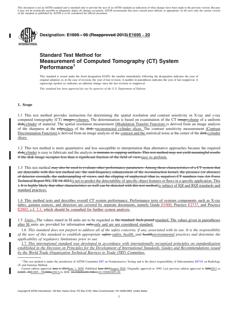 REDLINE ASTM E1695-20 - Standard Test Method for  Measurement of Computed Tomography (CT) System Performance