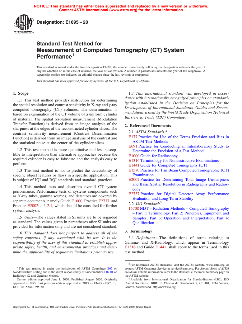 ASTM E1695-20 - Standard Test Method for  Measurement of Computed Tomography (CT) System Performance