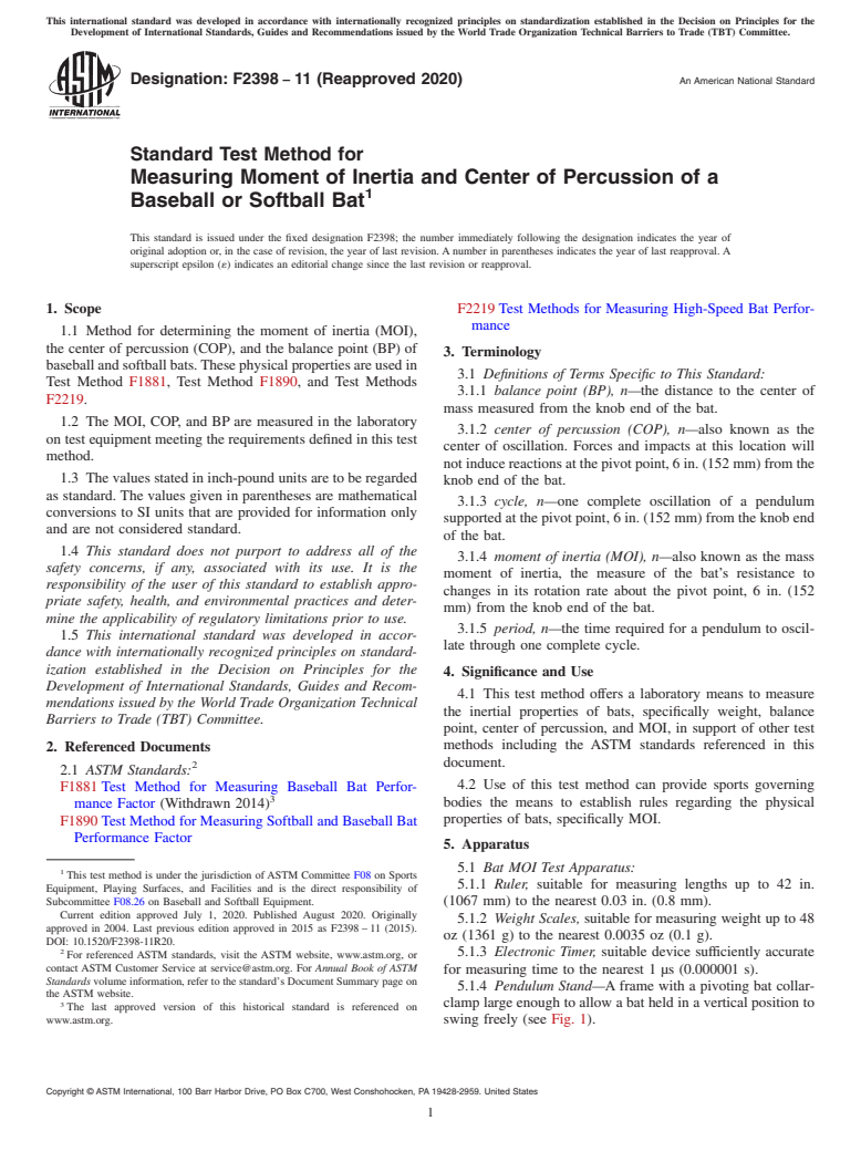 ASTM F2398-11(2020) - Standard Test Method for  Measuring Moment of Inertia and Center of Percussion of a Baseball  or Softball Bat