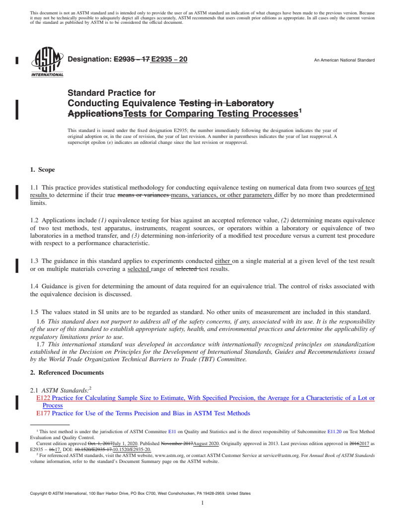 REDLINE ASTM E2935-20 - Standard Practice for  Conducting Equivalence Tests for Comparing Testing Processes