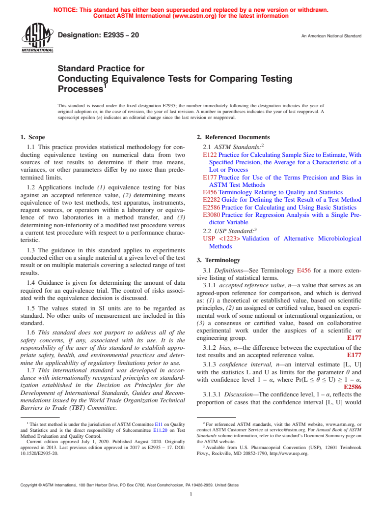 ASTM E2935-20 - Standard Practice for  Conducting Equivalence Tests for Comparing Testing Processes