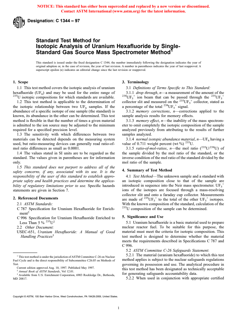 ASTM C1344-97 - Standard Test Method for Isotopic Analysis of Uranium Hexafluoride by Single-Standard Gas Source Mass Spectrometer Method