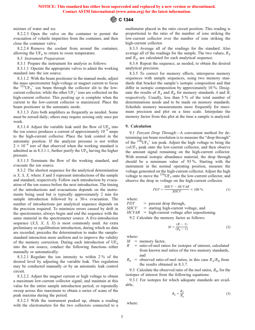 ASTM C1344-97 - Standard Test Method for Isotopic Analysis of Uranium Hexafluoride by Single-Standard Gas Source Mass Spectrometer Method