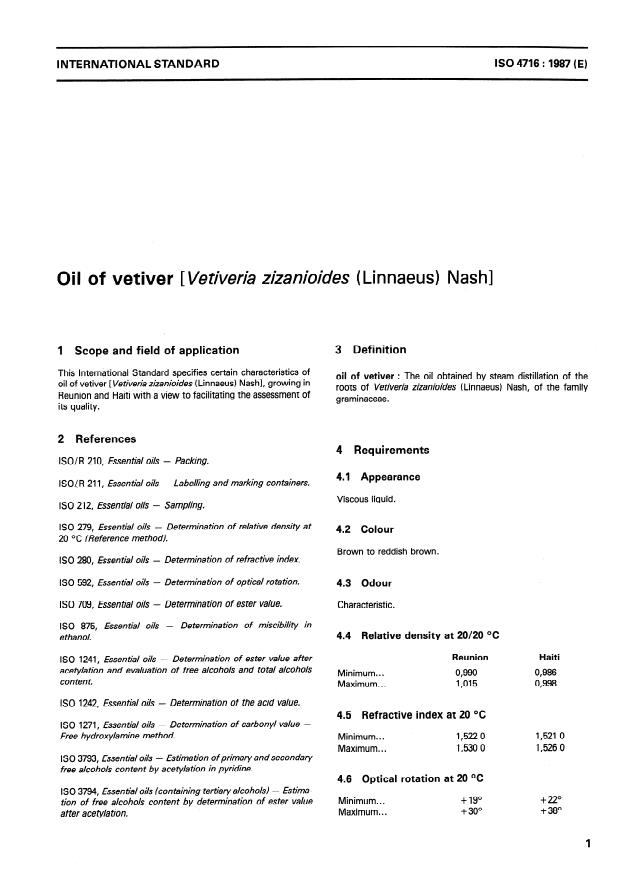 ISO 4716:1987 - Oil of vetiver (Vetiveria zizanioides (Linnaeus) Nash)