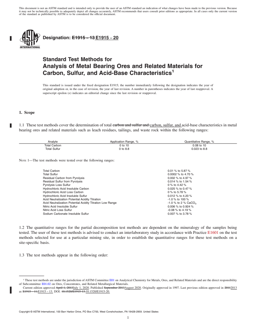 REDLINE ASTM E1915-20 - Standard Test Methods for Analysis of Metal Bearing Ores and Related Materials for Carbon,  Sulfur, and Acid-Base Characteristics