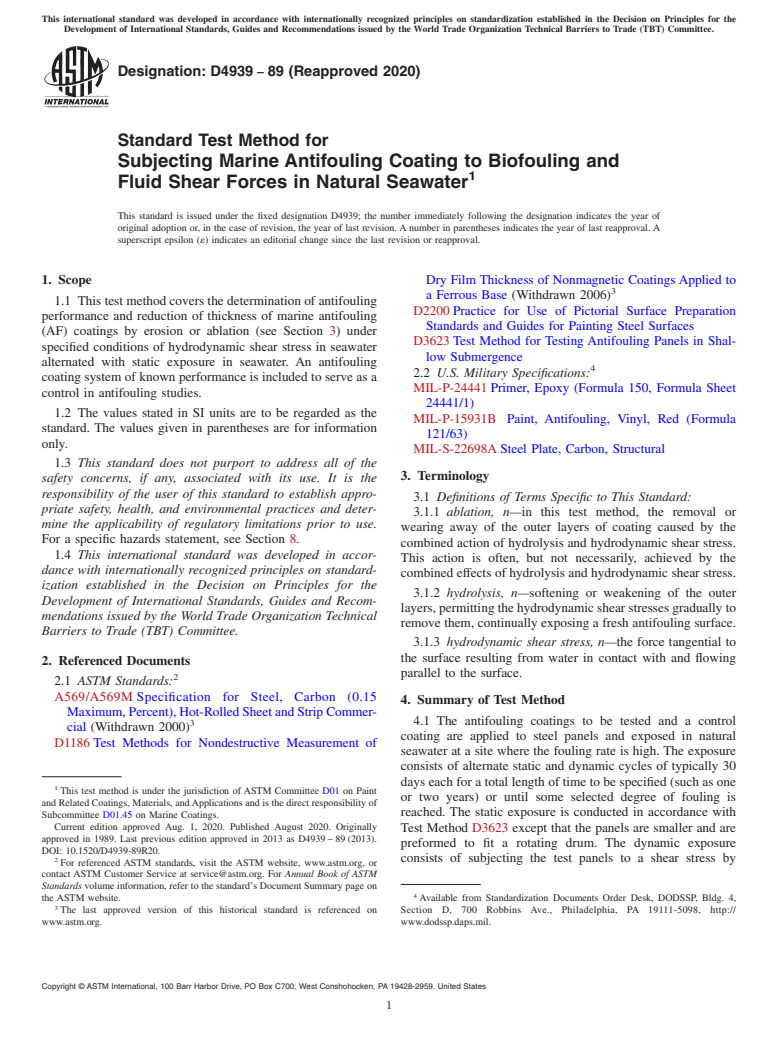 ASTM D4939-89(2020) - Standard Test Method for Subjecting Marine Antifouling Coating to Biofouling and Fluid  Shear   Forces in Natural Seawater