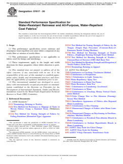 ASTM D7017-20 ASTM D7017-20 - Standard Performance Specification for Water-Resistant Rainwear and All-Purpose, Water-Repellent Coat Fabrics - Page 1 preview