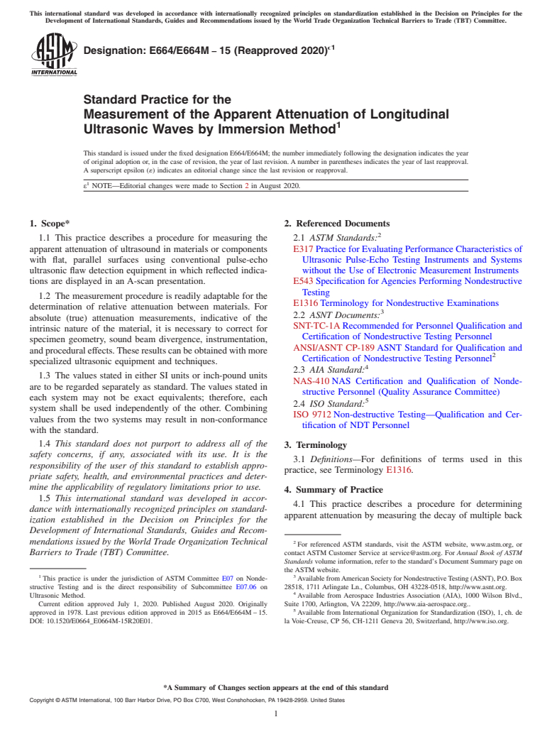 ASTM E664/E664M-15(2020)e1 - Standard Practice for the  Measurement of the Apparent Attenuation of Longitudinal Ultrasonic  Waves by Immersion Method