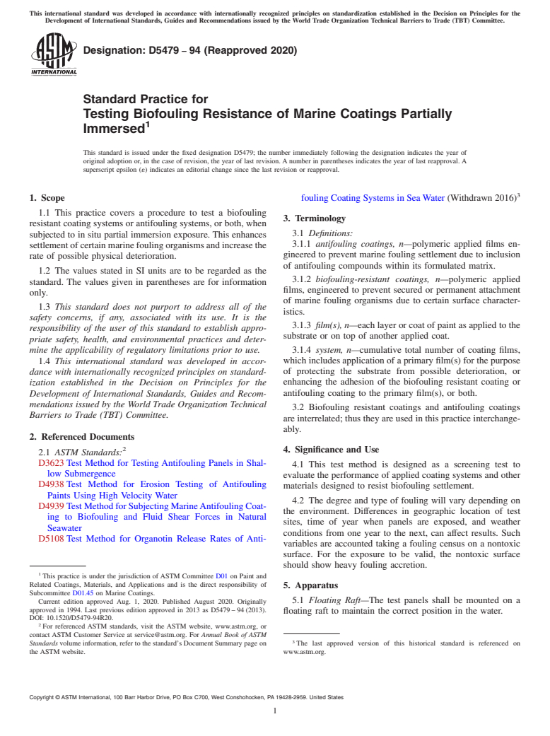 ASTM D5479-94(2020) - Standard Practice for Testing Biofouling Resistance of Marine Coatings Partially  Immersed