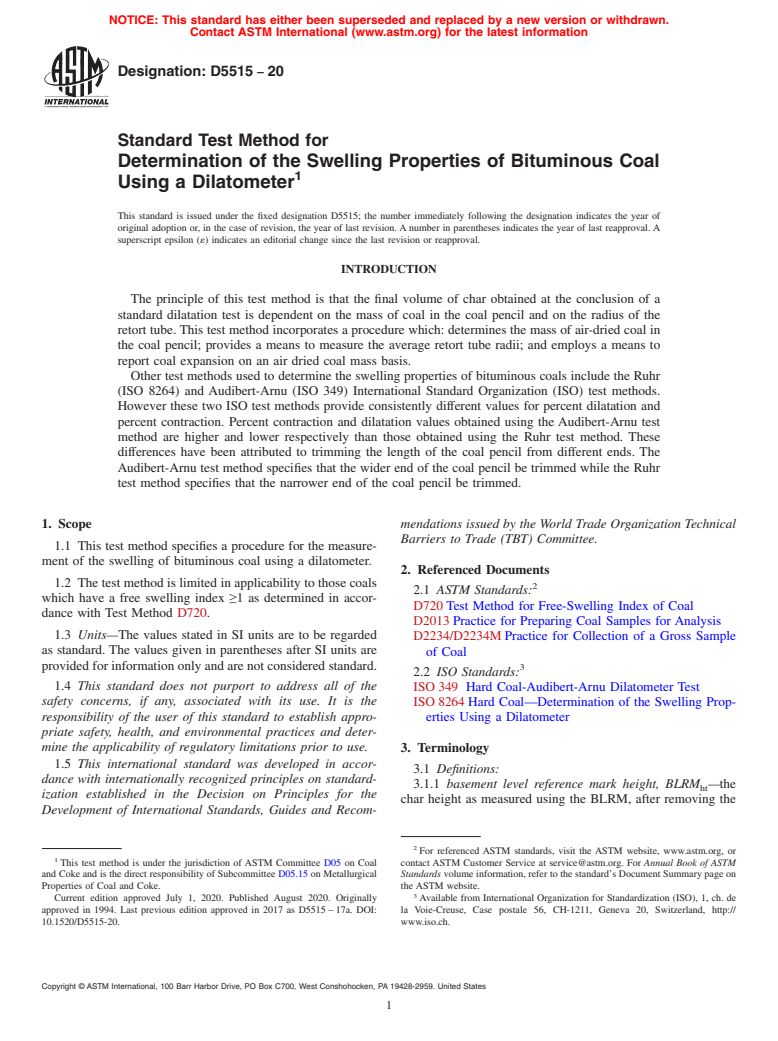 ASTM D5515-20 - Standard Test Method for  Determination of the Swelling Properties of Bituminous Coal  Using a Dilatometer