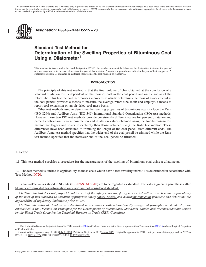 REDLINE ASTM D5515-20 - Standard Test Method for  Determination of the Swelling Properties of Bituminous Coal  Using a Dilatometer