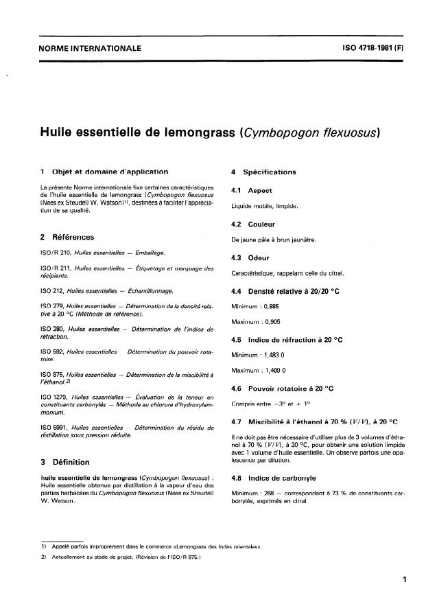 ISO 4718:1981 - Huile essentielle de lemongrass (Cymbopogon flexuosus)