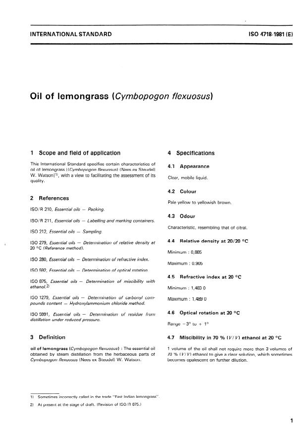 ISO 4718:1981 - Oil of lemongrass (Cymbopogon flexuosus)