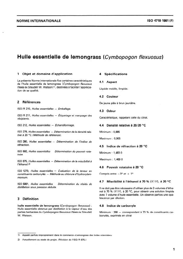 ISO 4718:1981 - Huile essentielle de lemongrass (Cymbopogon flexuosus)