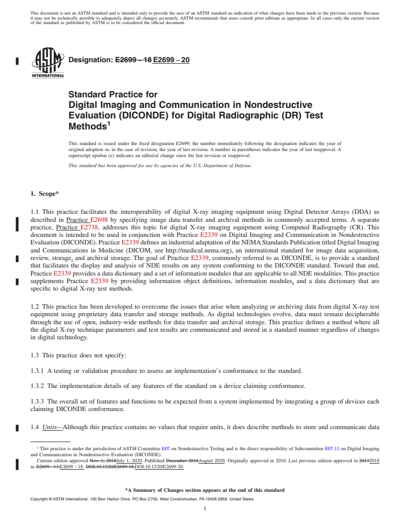 REDLINE ASTM E2699-20 - Standard Practice for  Digital Imaging and Communication in Nondestructive Evaluation  (DICONDE) for Digital Radiographic (DR) Test Methods