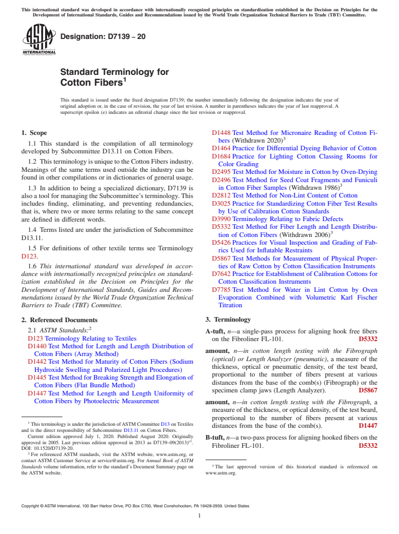 ASTM D7139-20 - Standard Terminology for  Cotton Fibers