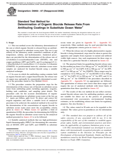 ASTM D6903-07(2020) ASTM D6903-07(2020) - Standard Test Method for Determination of Organic Biocide Release Rate From Antifouling Coatings in Substitute Ocean Water - Page 1 preview