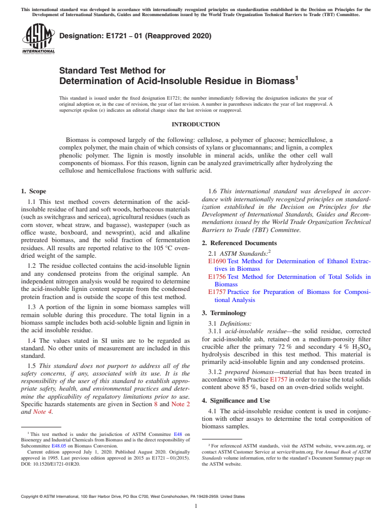 ASTM E1721-01(2020) - Standard Test Method for  Determination of Acid-Insoluble Residue in Biomass