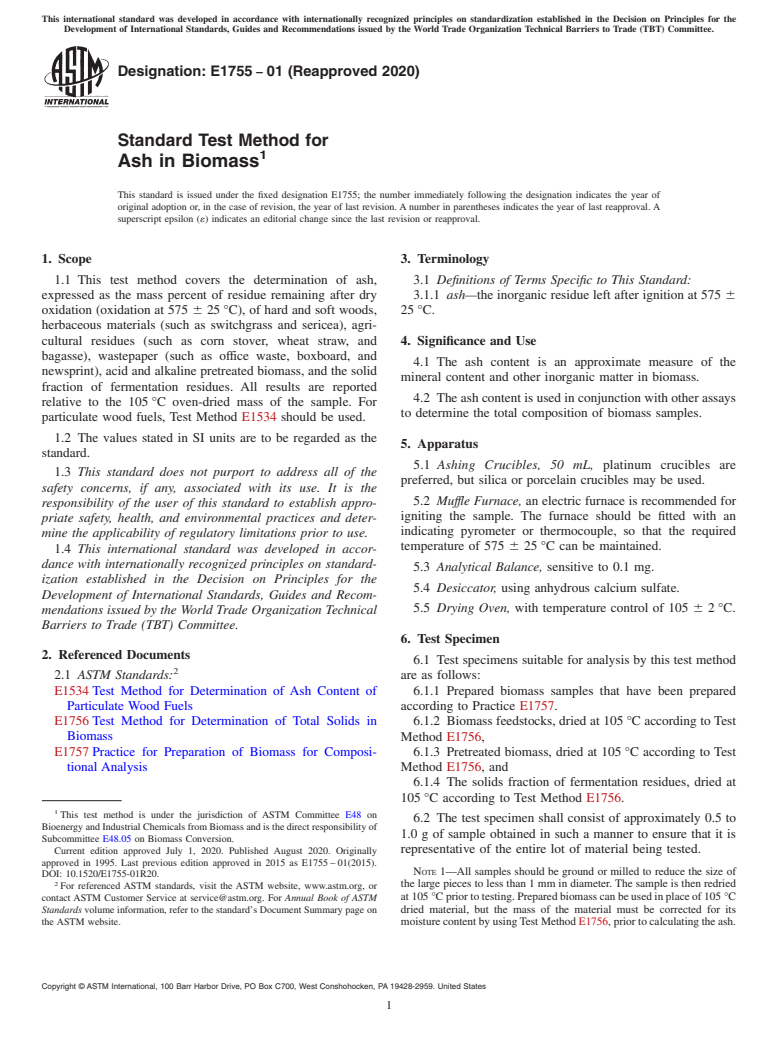 ASTM E1755-01(2020) - Standard Test Method for  Ash in Biomass