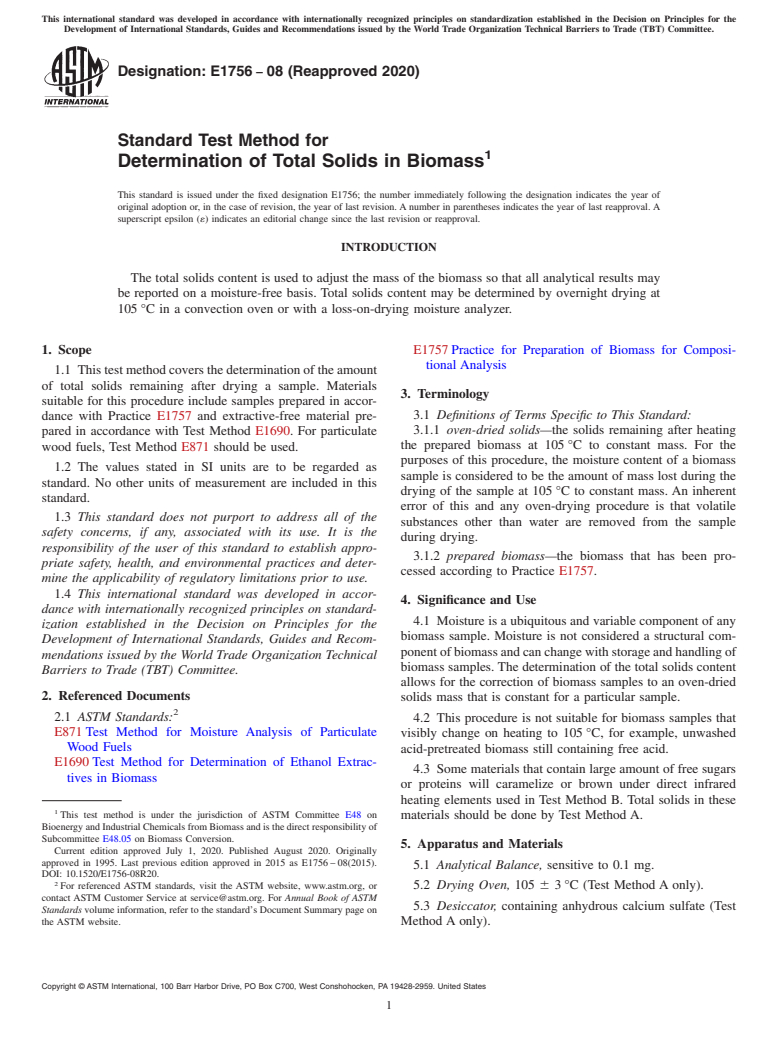 ASTM E1756-08(2020) - Standard Test Method for  Determination of Total Solids in Biomass