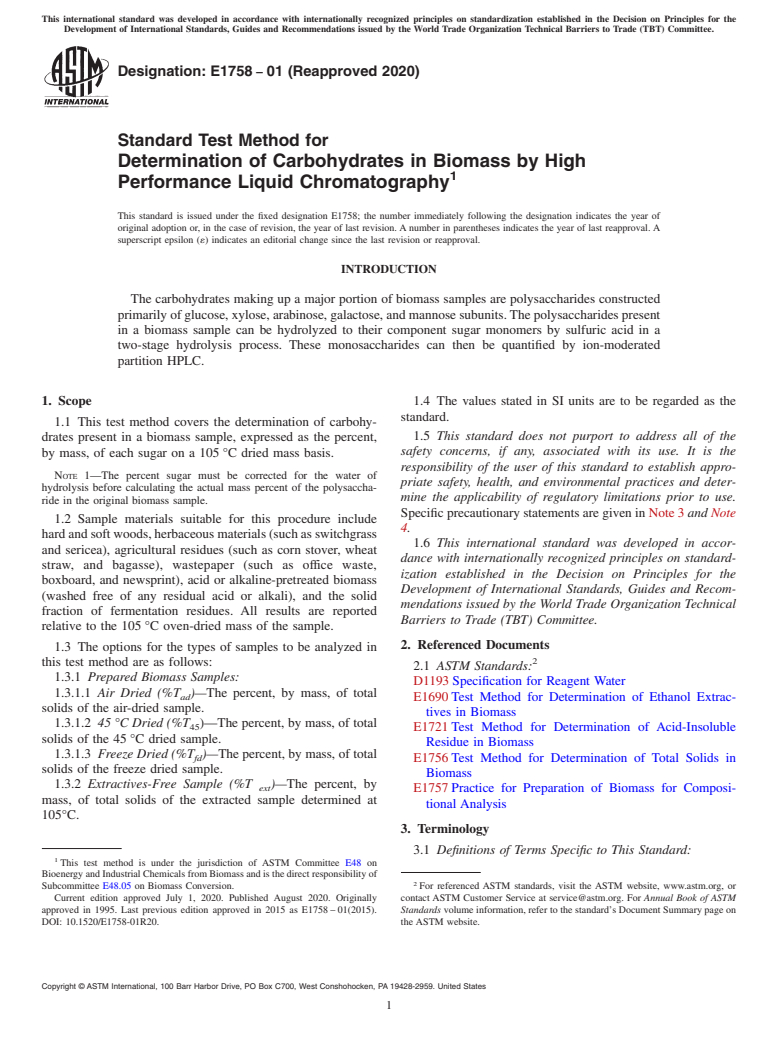 ASTM E1758-01(2020) - Standard Test Method for  Determination of Carbohydrates in Biomass by High Performance  Liquid Chromatography