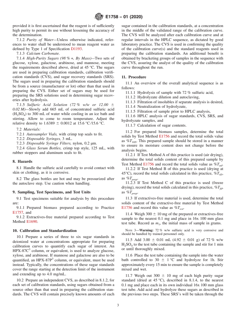 ASTM E1758-01(2020) - Standard Test Method for  Determination of Carbohydrates in Biomass by High Performance  Liquid Chromatography