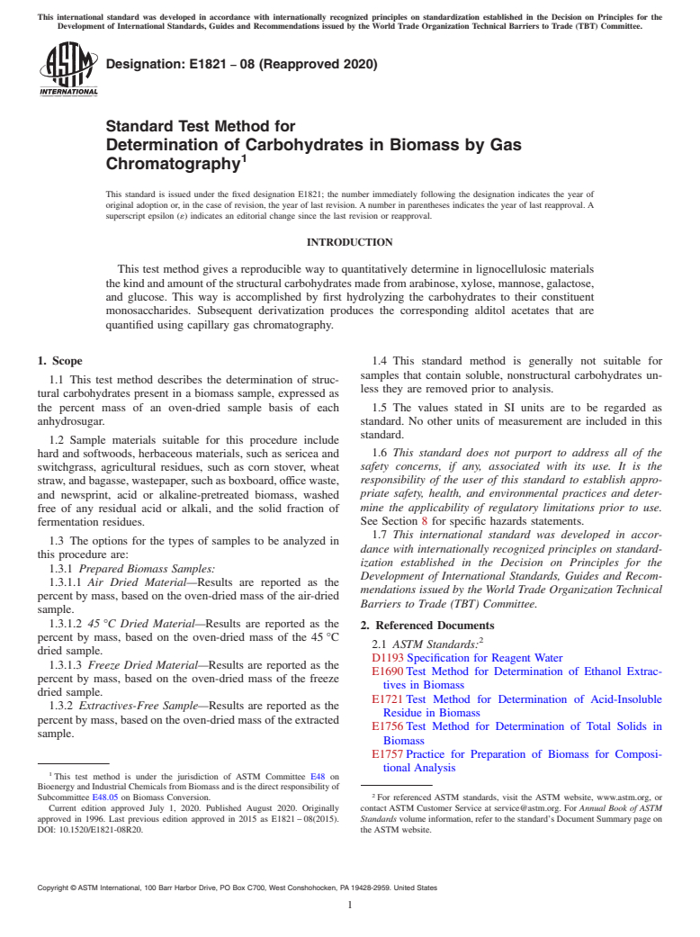 ASTM E1821-08(2020) - Standard Test Method for  Determination of Carbohydrates in Biomass by Gas Chromatography