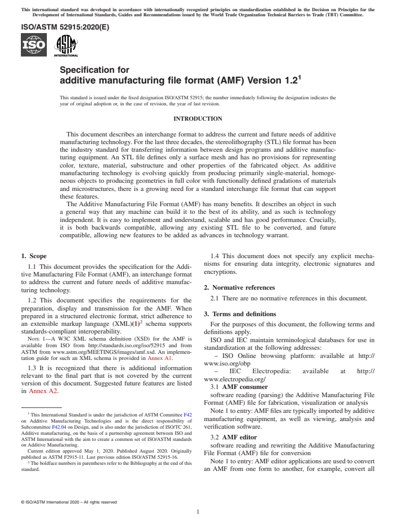 ASTM ISO/ASTM52915-20 - Specification for  additive manufacturing file format (AMF) Version 1.2