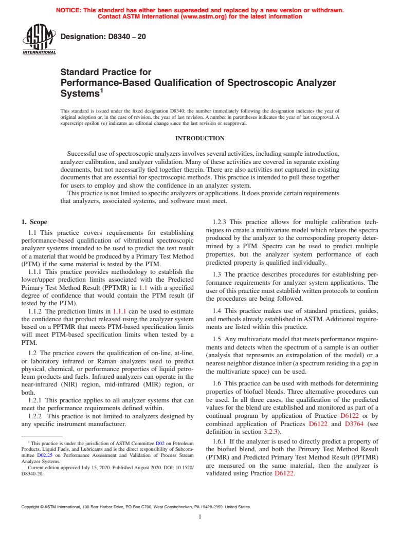 ASTM D8340-20 - Standard Practice for Performance-Based Qualification of Spectroscopic Analyzer Systems