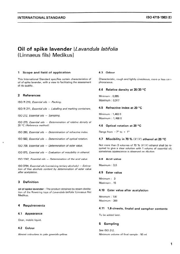 ISO 4719:1983 - Oil of spike lavender (Lavandula latifolia (Linnaeus fils) Medikus)
