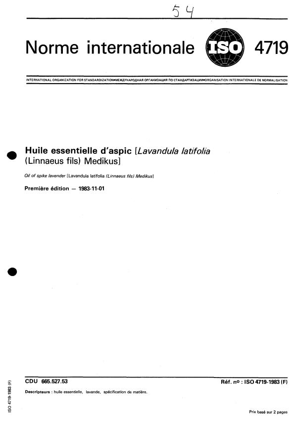 ISO 4719:1983 - Huile essentielle d'aspic (Lavandula latifolia (Linnaeus fils) Medikus)