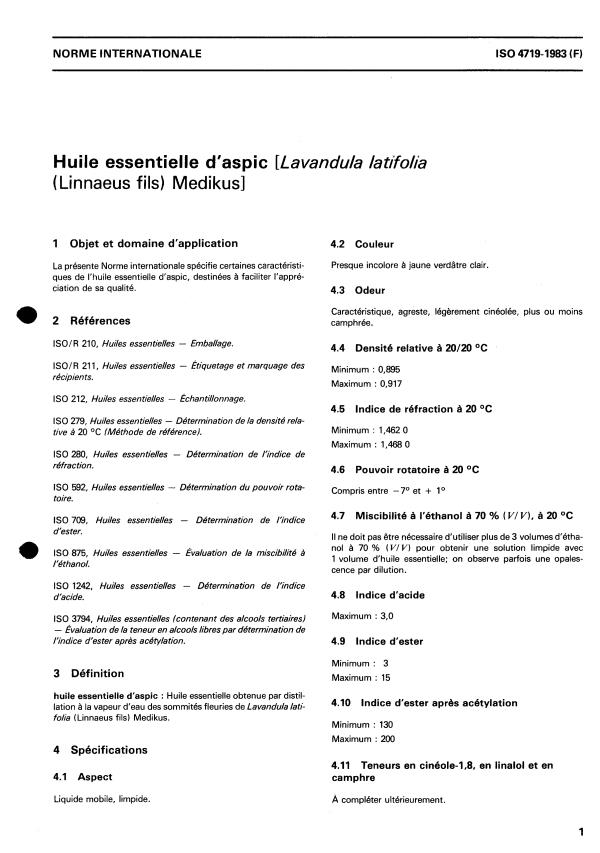 ISO 4719:1983 - Huile essentielle d'aspic (Lavandula latifolia (Linnaeus fils) Medikus)