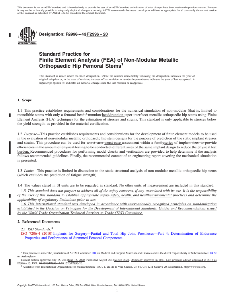 REDLINE ASTM F2996-20 - Standard Practice for Finite Element Analysis (FEA) of Non-Modular Metallic Orthopaedic  Hip Femoral Stems