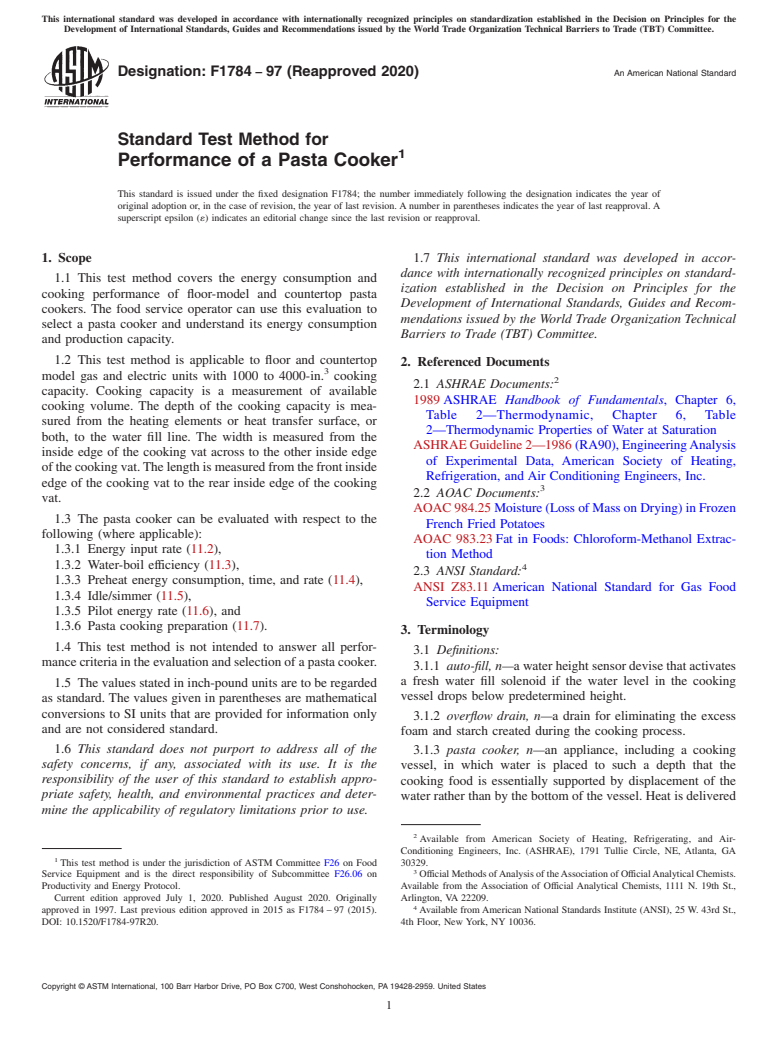 ASTM F1784-97(2020) - Standard Test Method for  Performance of a Pasta Cooker