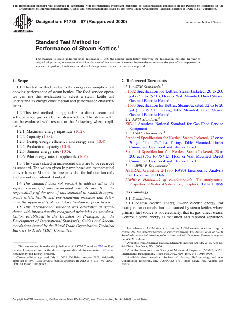 ASTM F1785-97(2020) - Standard Test Method for Performance of Steam Kettles