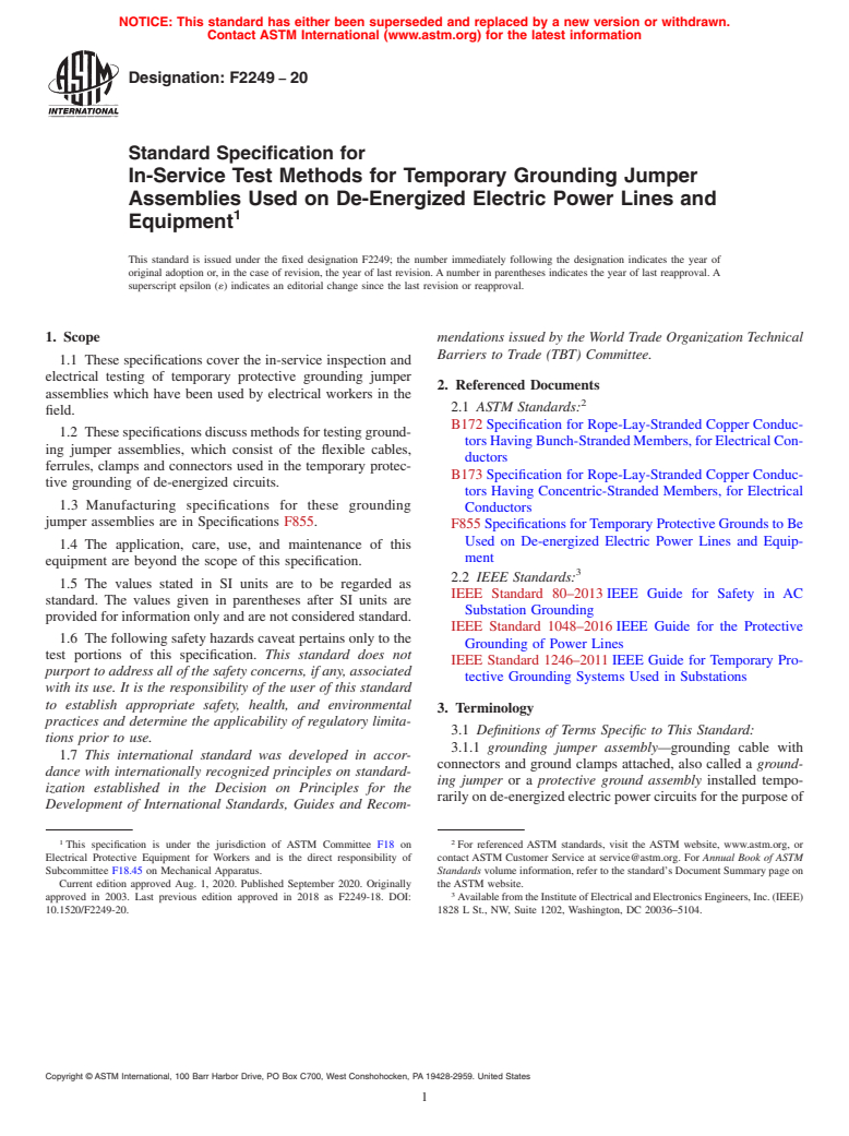 ASTM F2249-20 - Standard Specification for  In-Service Test Methods for Temporary Grounding Jumper Assemblies  Used on De-Energized Electric Power Lines and Equipment