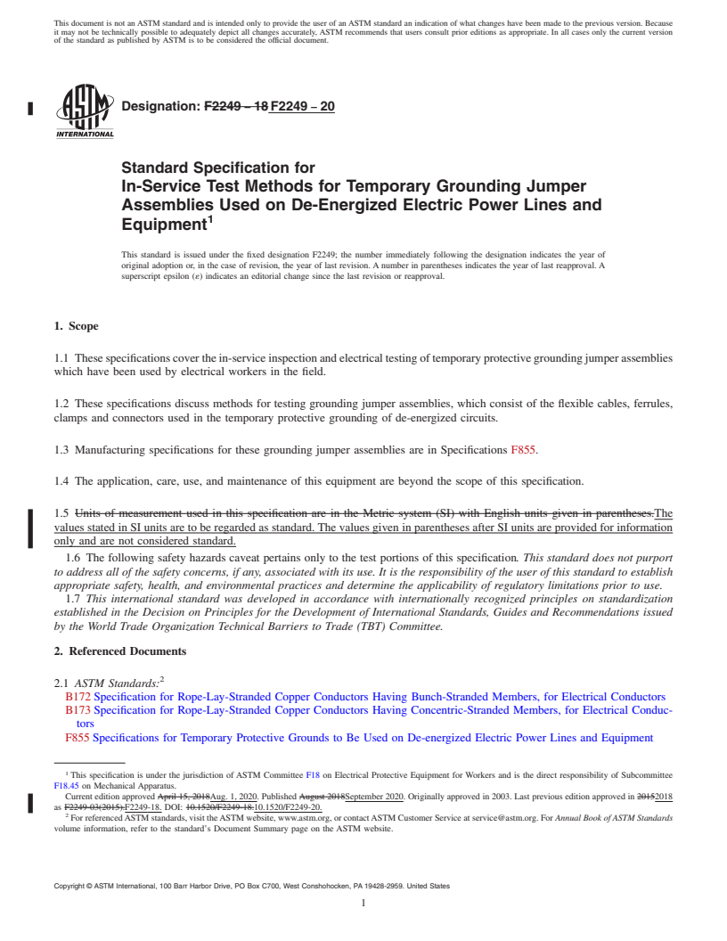 REDLINE ASTM F2249-20 - Standard Specification for  In-Service Test Methods for Temporary Grounding Jumper Assemblies  Used on De-Energized Electric Power Lines and Equipment